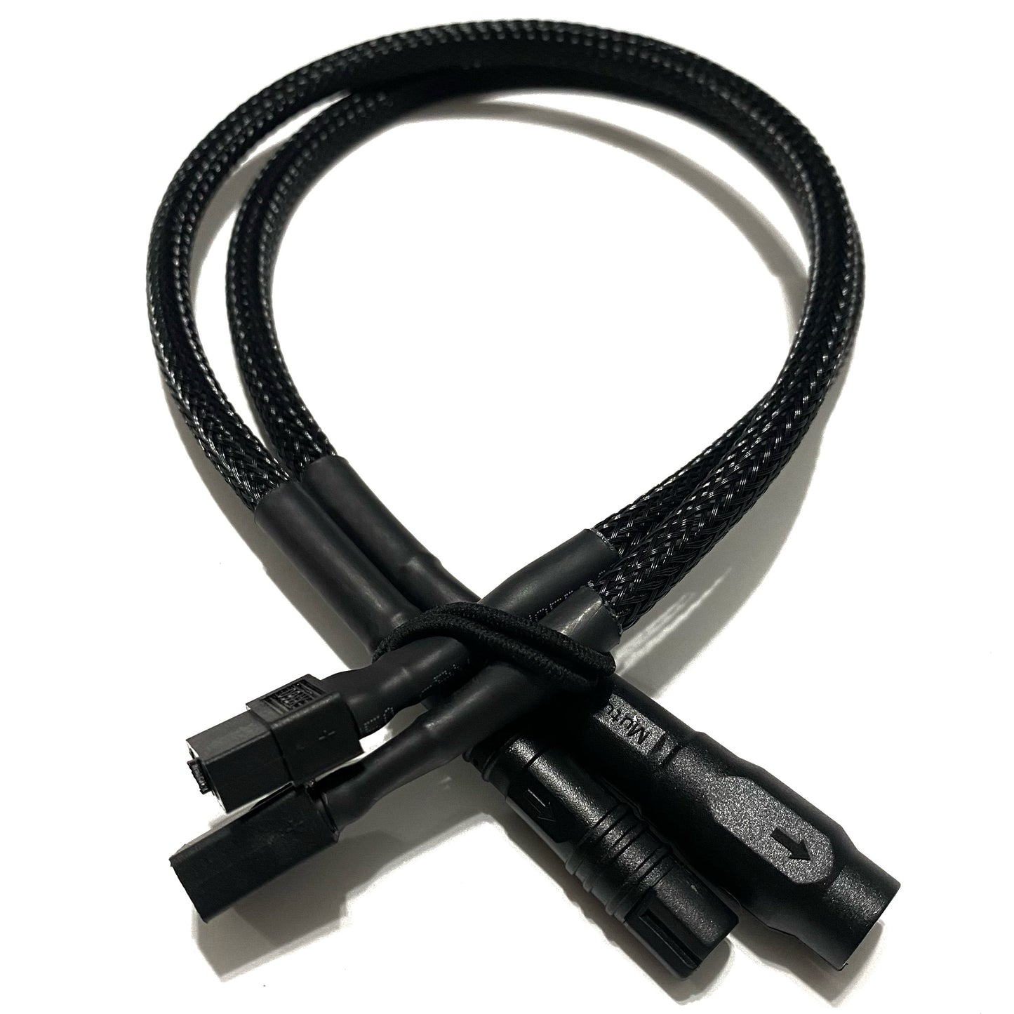 The ElectricAllWheel 20A Dual Battery Discharge Balancer Kit (Rad, Himiway, Magicycle, Addmotor Cable Fit) features black braided cables with multiple connectors, ideal for e-bike setups. Shown coiled against a white background.