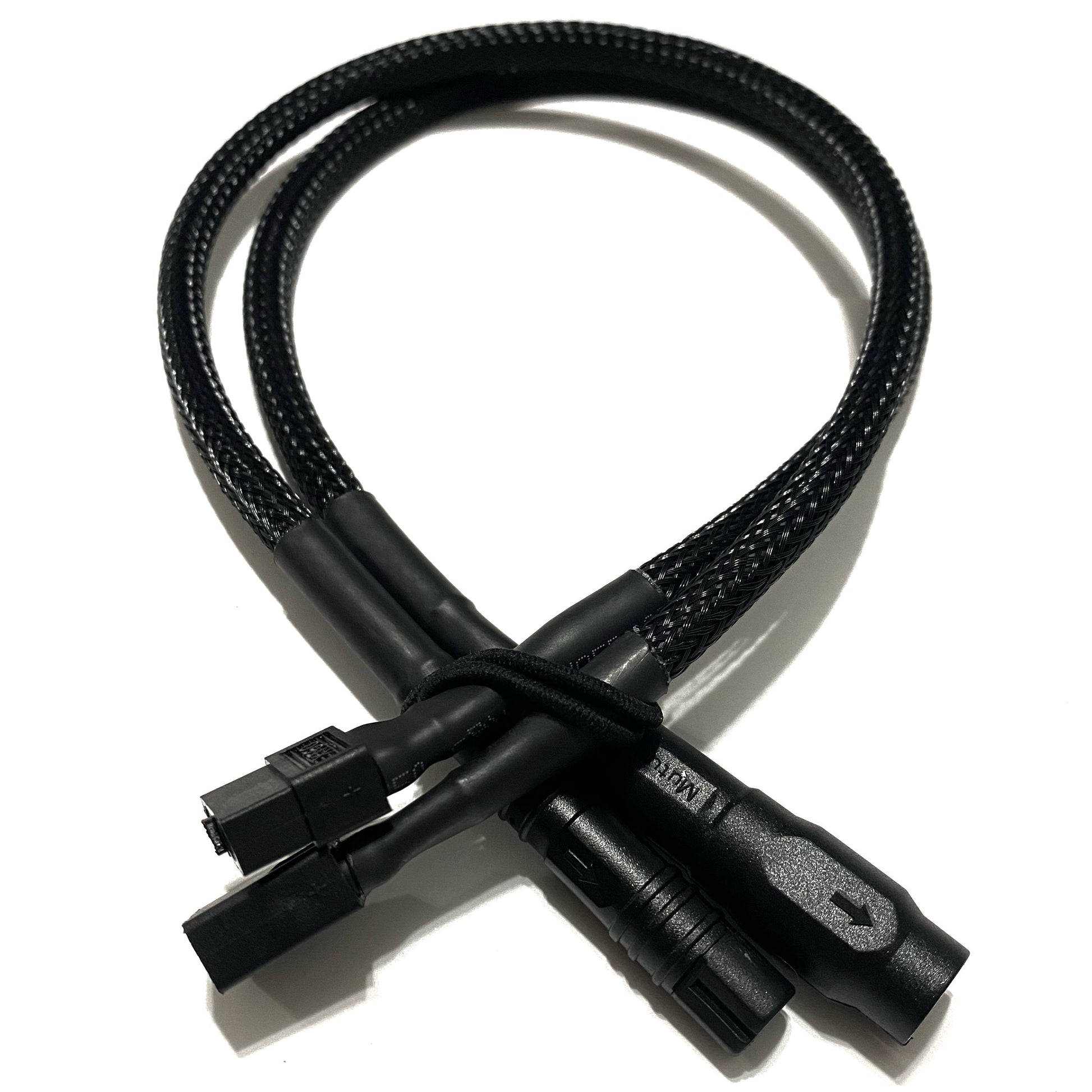 The ElectricAllWheel 20A Dual Battery Discharge Balancer Kit (Rad, Himiway, Magicycle, Addmotor Cable Fit) features black braided cables with multiple connectors, ideal for e-bike setups. Shown coiled against a white background.