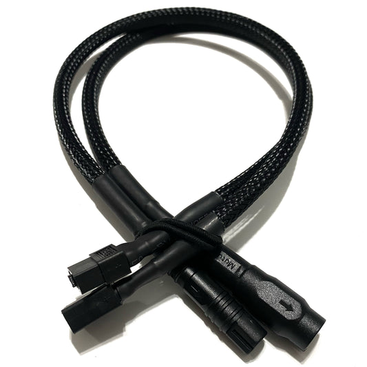 The ElectricAllWheel XT60 Extension Cable is a black braided 14AWG splitter with two female and one male connector, looped and secured by a strap—compatible with Rad, Himiway, MagiCycle, and Addmotor bikes.