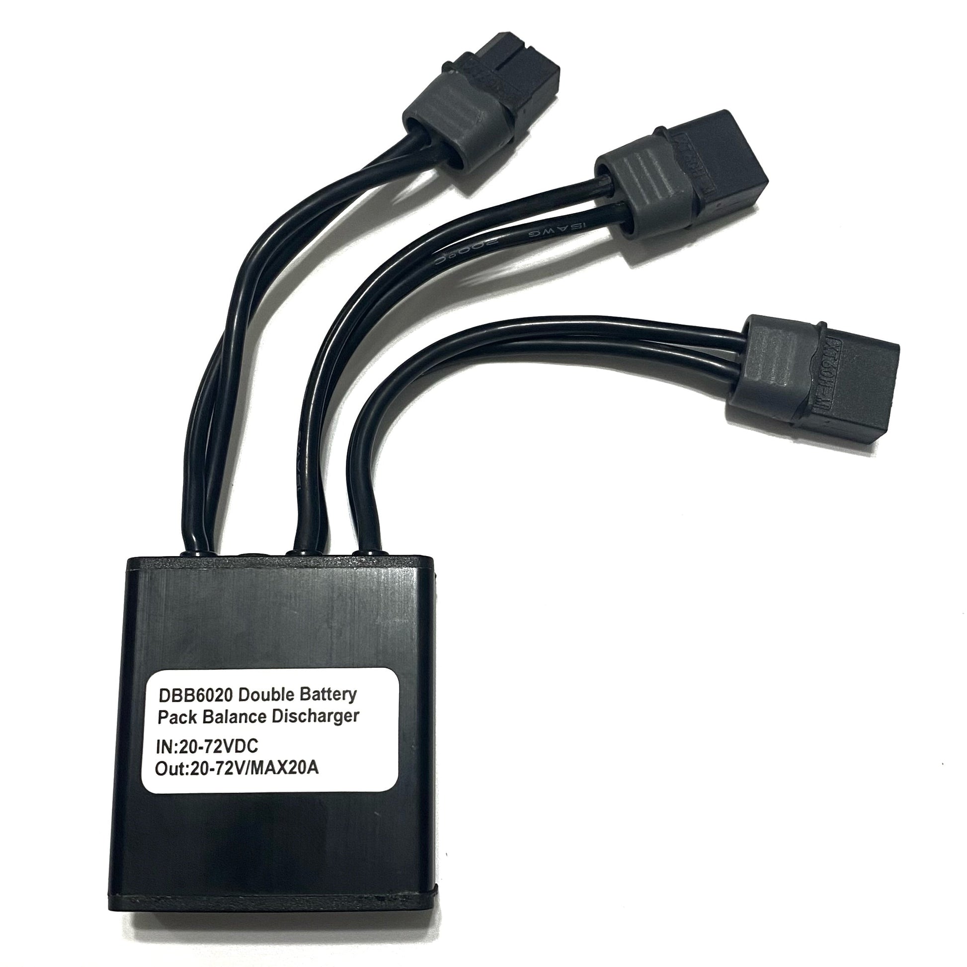 The ElectricAllWheel 20A Dual Battery Discharge Balancer Kit (fits Rad, Himiway, Magicycle, Addmotor) is a black unit with three output cables and a label showing input/output voltages—ideal for e-bike second battery setups.