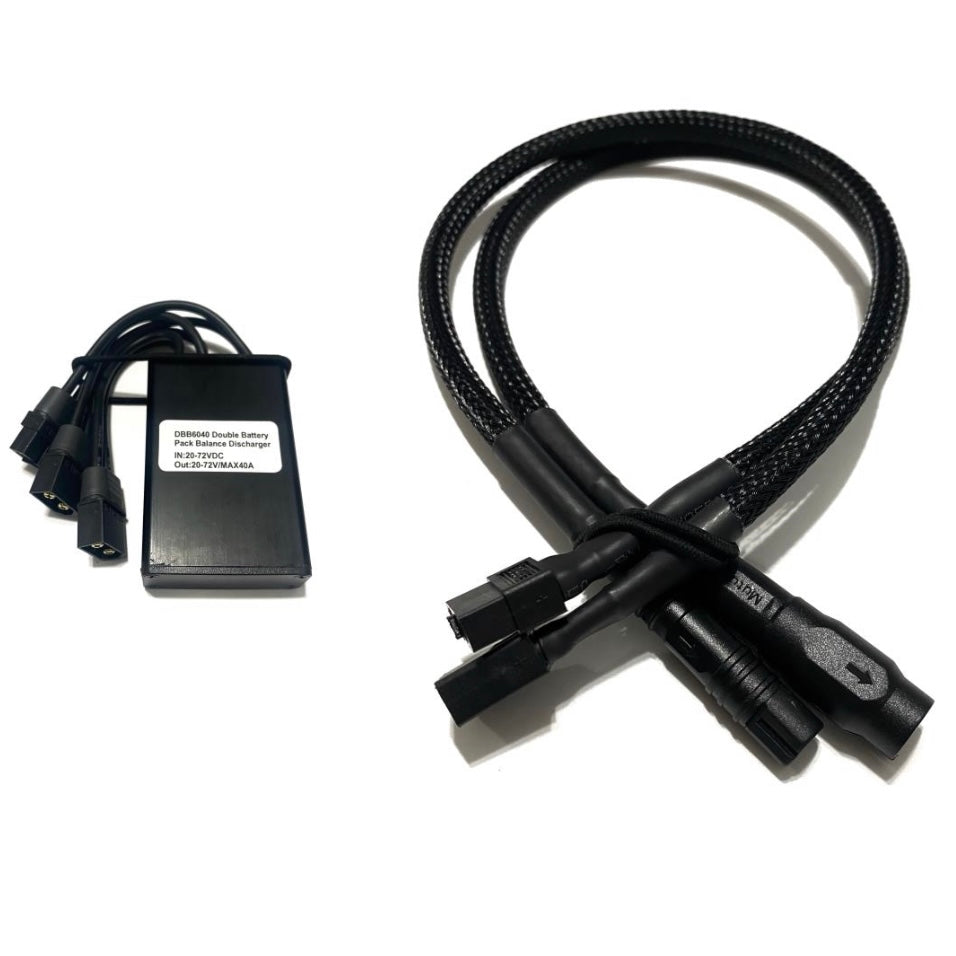 The ElectricAllWheel 40A Dual Battery Discharge Balancer Kit includes two black cables and a PMD360 Double Battery pack, perfect for Rad, Himiway, MagiCycle, or Addmotor e-bikes; ideal for dual battery setups.