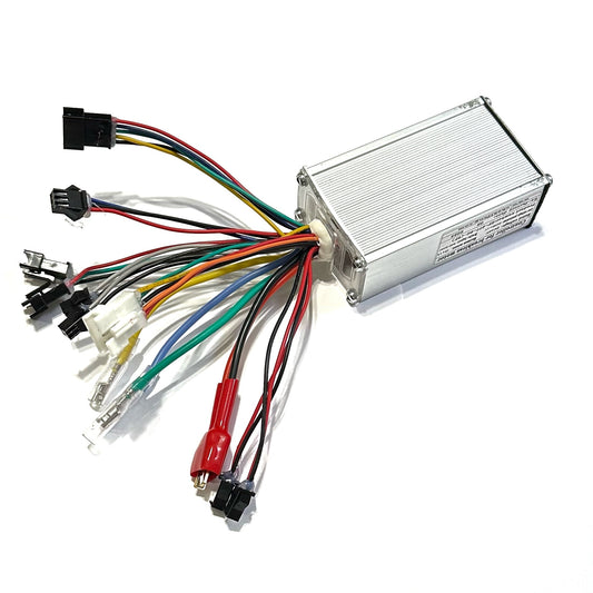 The ElectricAllWheel Replacement Controller and Display for Lectric XP2.0 & XP1.0 is a silver metal 48V unit with colored wires and various connectors, shown set against a white background.