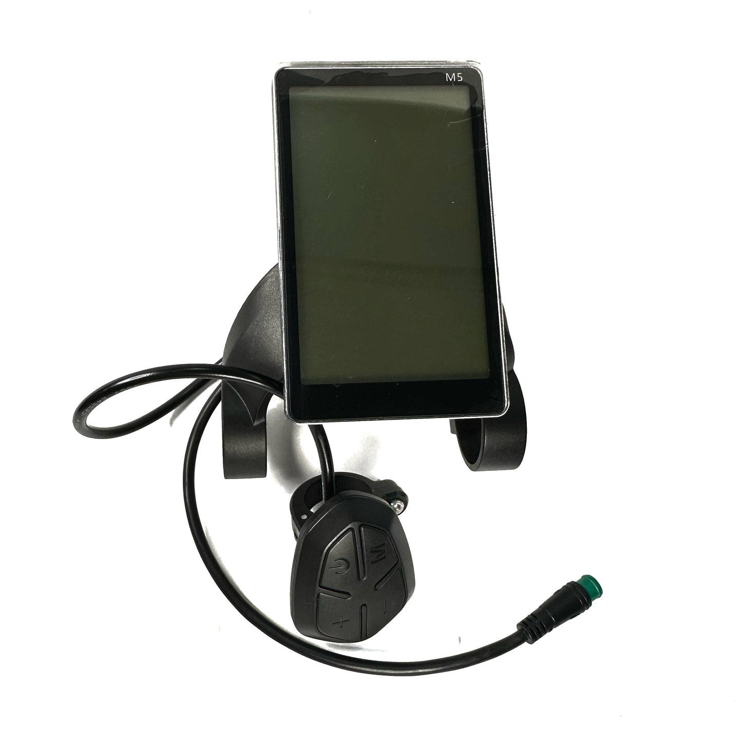 The ElectricAllWheel Replacement Controller and Display for Lectric XP2.0 & XP1.0 is shown with a black screen, handlebar mount, control buttons, and a green-tipped connector cable on a white background.