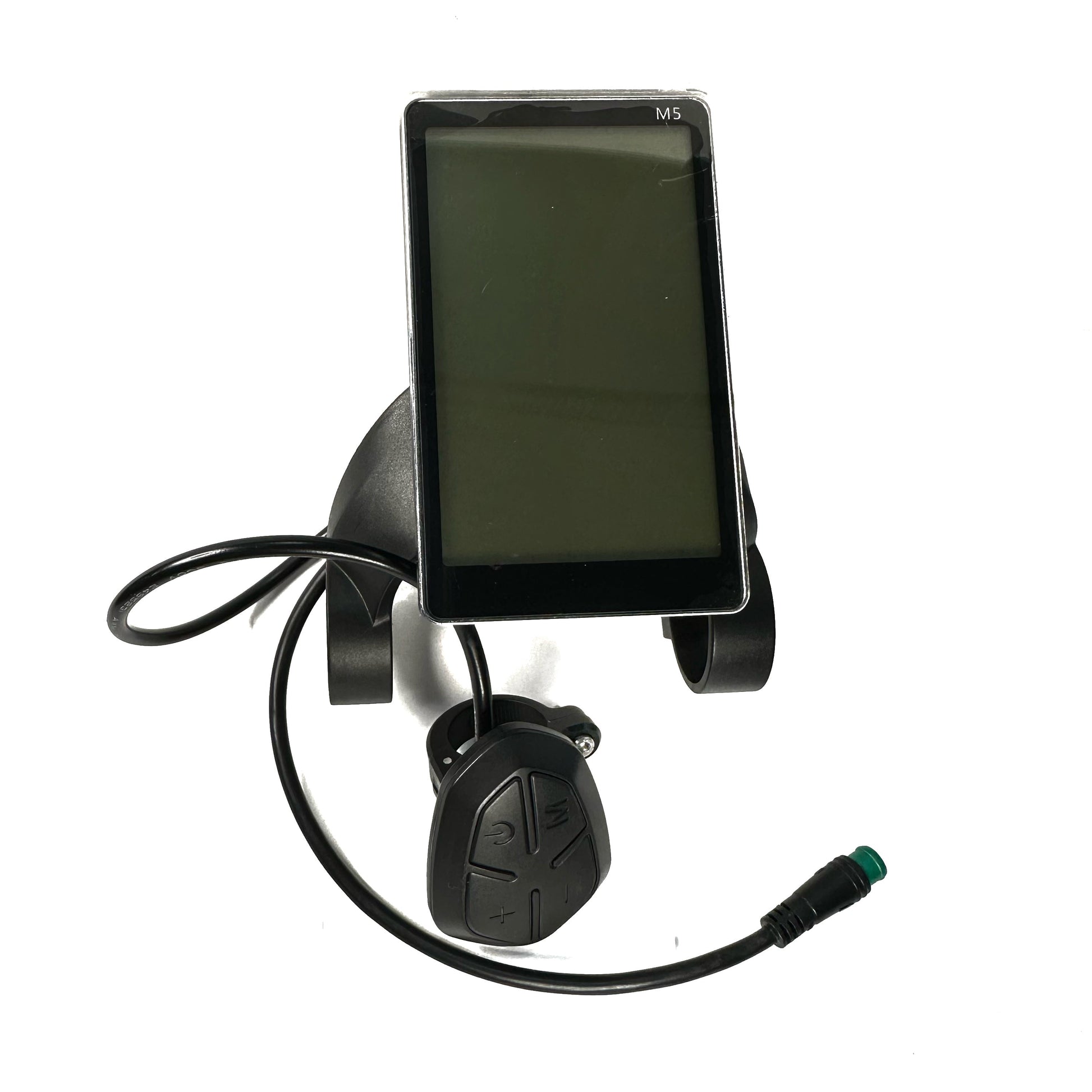 The ElectricAllWheel Replacement Controller and Display for Lectric XP2.0 & XP1.0 is shown with a black screen, handlebar mount, control buttons, and a green-tipped connector cable on a white background.