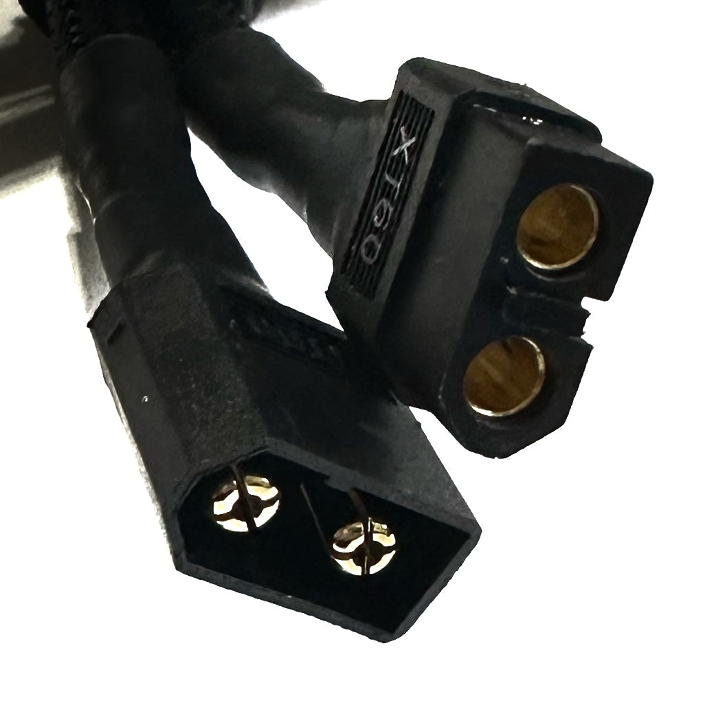 Close-up of two black 40A Dual Battery Discharge Balancer Kit (Z2095 2-Pin to XT60 Cables) connectors by ElectricAllWheel, featuring gold contacts against a white background.
