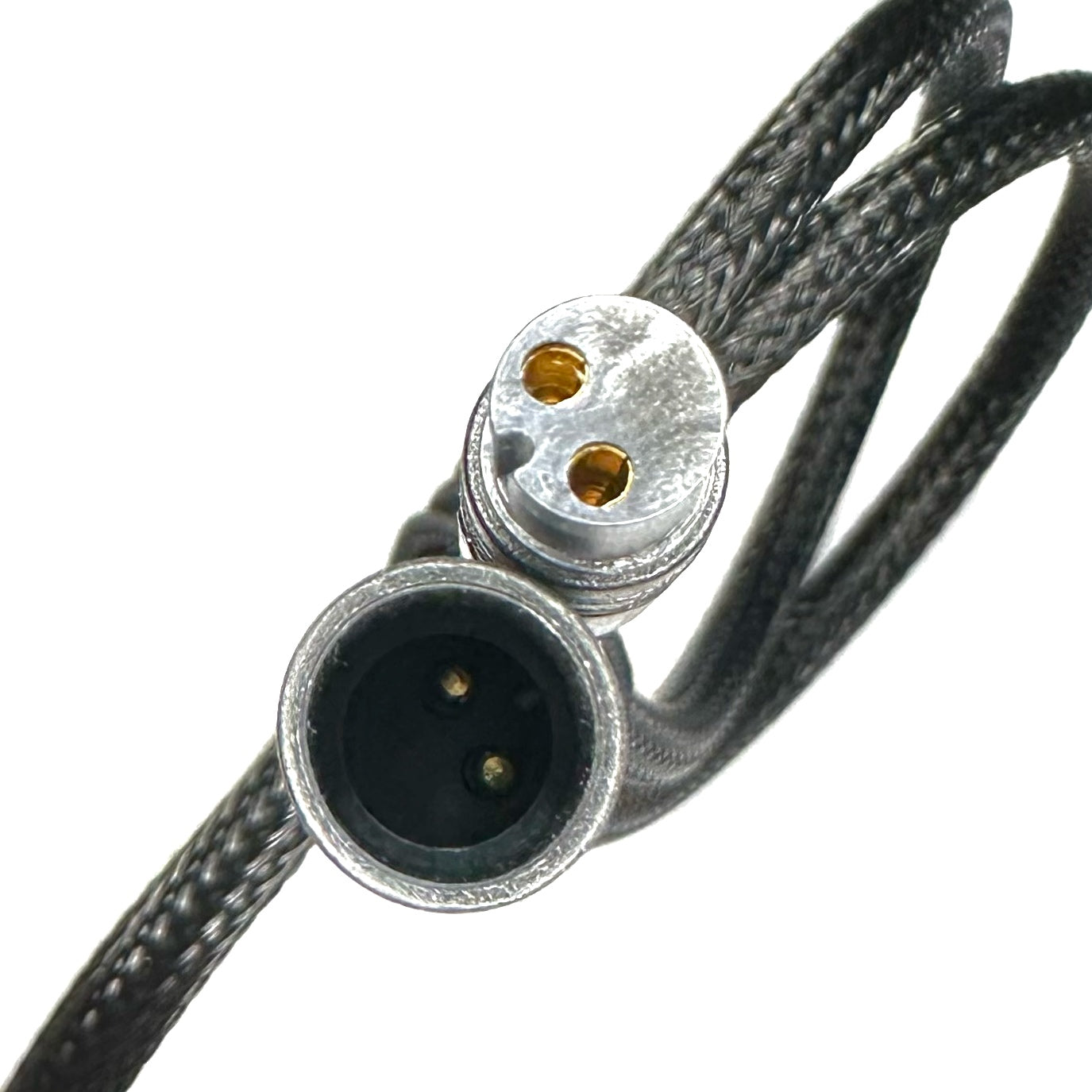 Close-up of ElectricAllWheel's 20A Dual Battery Discharge Balancer Kit (Z2095 2-Pin to XT60 Cables), showing a braided cable with one male 2-pin and one female 2-hole connector, plug-and-play, on a white background.