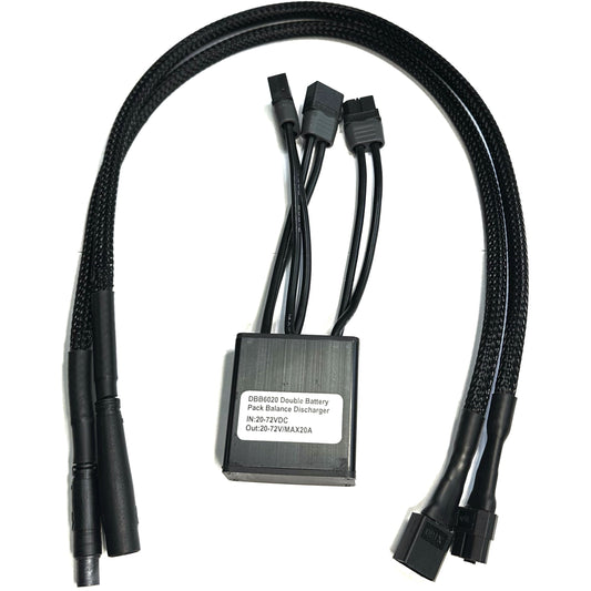 The ElectricAllWheel 20A Dual Battery Discharge Balancer Kit (Z2095 2-Pin to XT60 Cables) features labeled input/output wires and multiple connectors—ideal for electric bike second battery or plug and play kits.