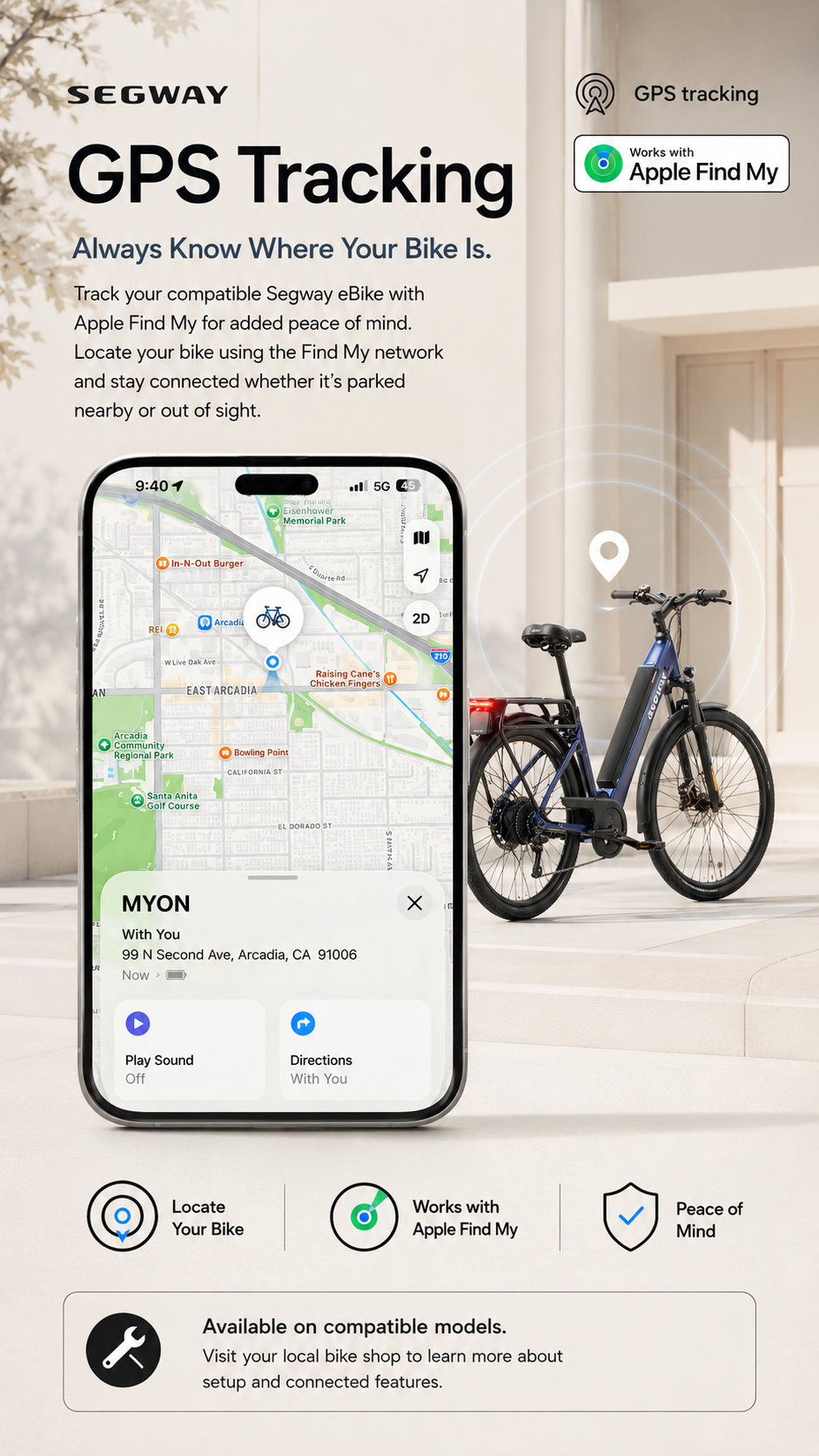 A smartphone shows a GPS map tracking the Segway Myon electric bike via Apple Find My. The commuter eBike, parked nearby, is highlighted for its 80-mile range, tracking abilities, and seamless compatibility.
