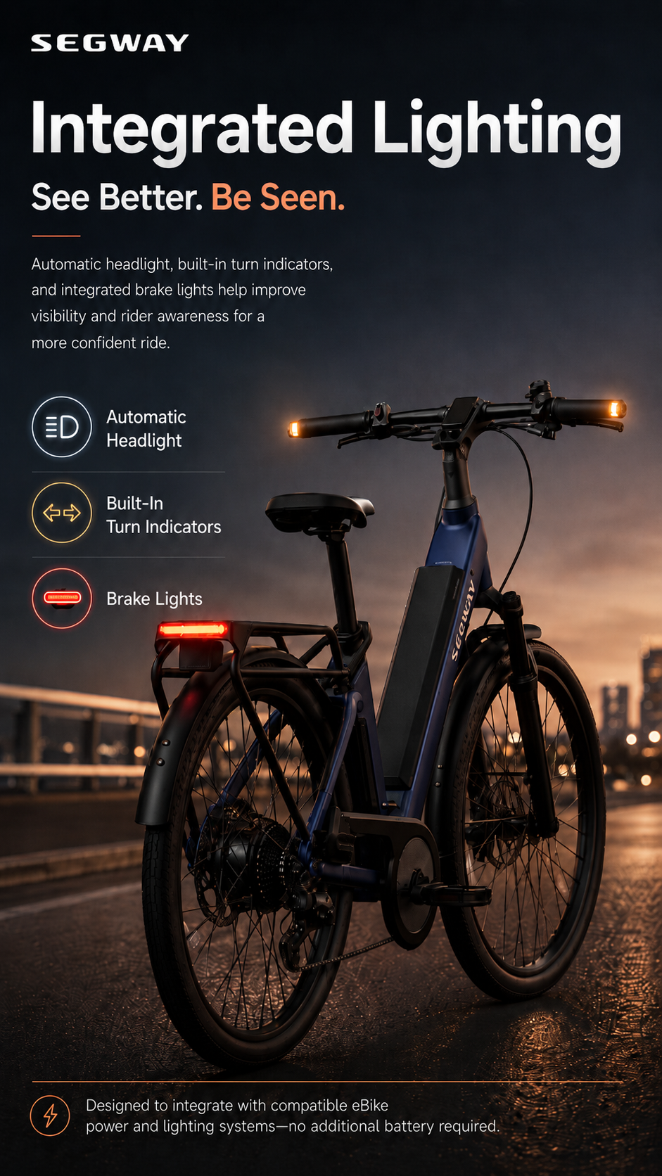 The Segway Myon, pictured outdoors at dusk, features an automatic headlight, built-in turn indicators, and brake lights for enhanced safety—perfect for commuters seeking a reliable eBike with up to 80 miles of range.