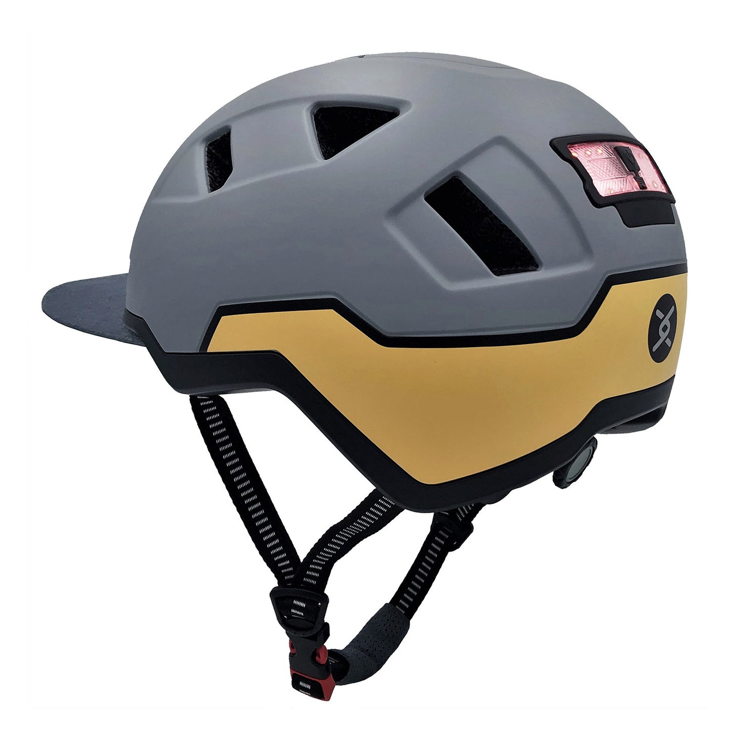 A gray and yellow XNITO e-bike helmet with an adjustable strap, ventilation holes, and CPSC certified.