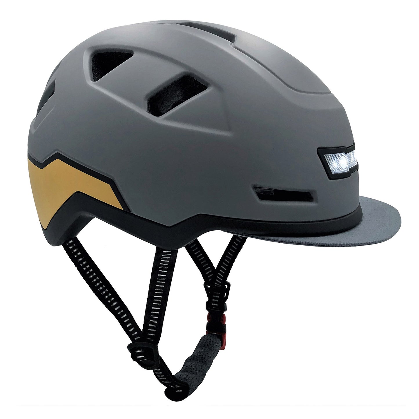 A gray XNITO certified sports helmet with integrated LED front and rear lights and an adjustable strap.