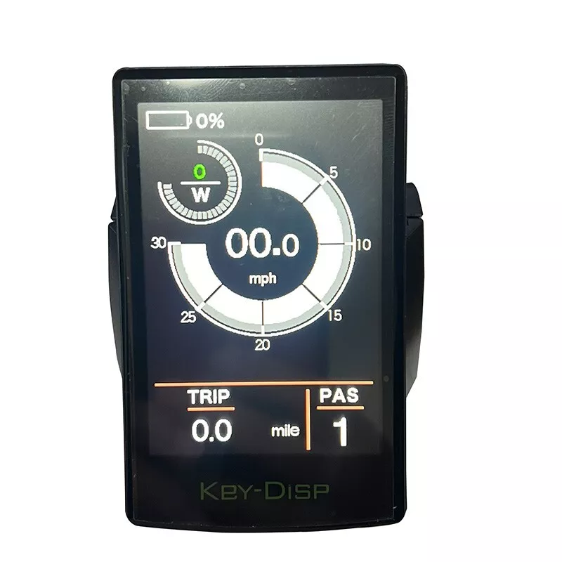 The KeyDisplay KD718, branded by Key Display, features a digital screen that shows 0% battery, 0 watts power, 0.0 mph speed, 0.0 miles trip distance, and PAS level 1. The display is labeled "KEY-DISP" at the bottom and accurately represents essential ebike components including maximum speed limits.