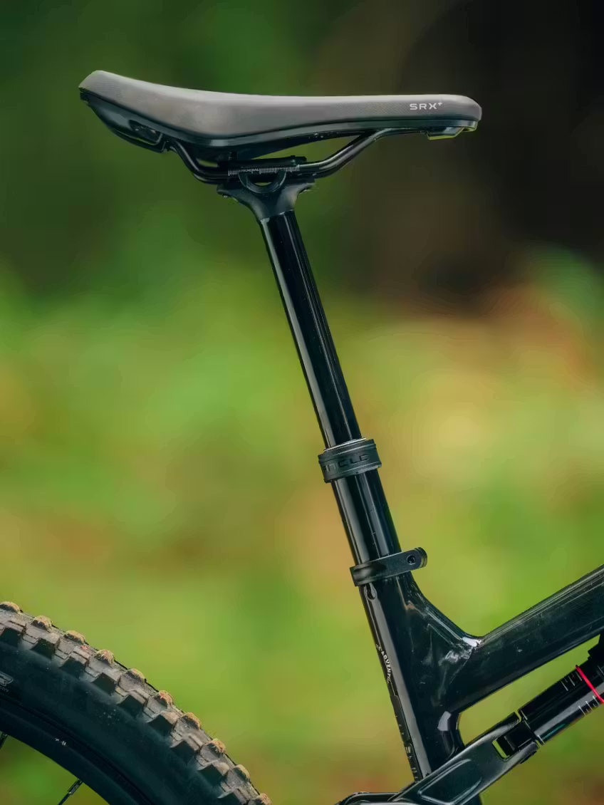 A close-up of the Aventon Current ADV by Aventon highlights its saddle, seat post, and a section of the rear tire against a blurred green background.