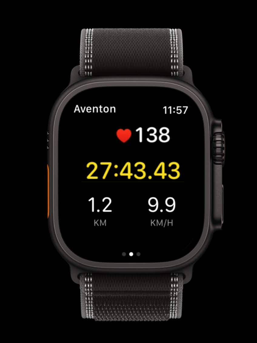 Smartwatch display shows 138 bpm heart rate, 27:43.43 elapsed time, 1.2 km distance, and 9.9 km/h speed—ideal stats for your Aventon Level 4 REC electric bike by Aventon with its robust hub motor.