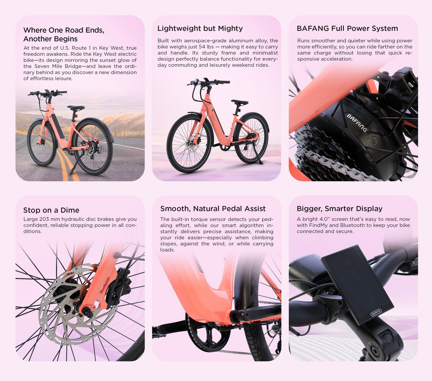 A six-panel infographic from AIMA presents the features of the AIMA - Key West electric bike, showcasing its modern design, lightweight frame, efficient motor system, pedal assist, smart display, and advanced braking system.