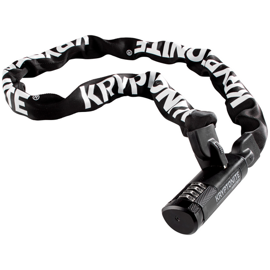 A black Kryptonite Keeper 712 bike lock with a combination lock and steel chain links for enhanced security.