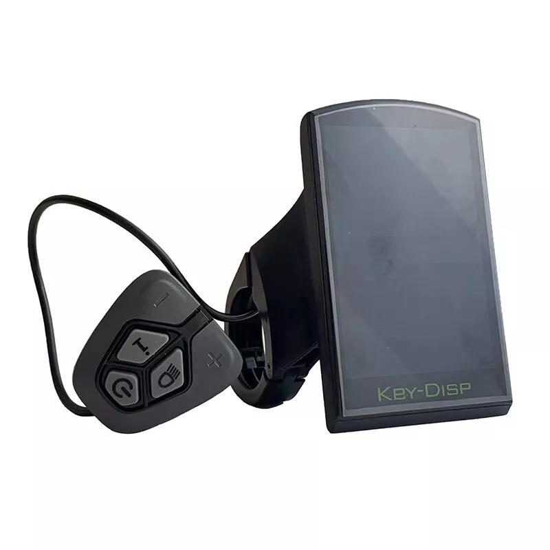 A black electronic device labeled "KeyDisplay KD718" from Key Display, featuring a small screen and control buttons, is an integral part of ebike components, offering precise adjustments. This model ensures riders stay within the maximum speed limit for safe journeys.