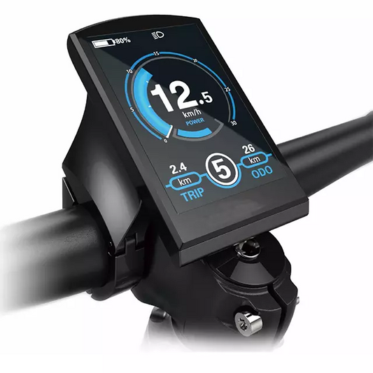 Close-up of the Key Disp Key Display KD986N Bluetooth bike display on an eBike handlebar, showing speed, battery level, trip distance, and odometer readings. Ideal upgrade or replacement for your electric bike.