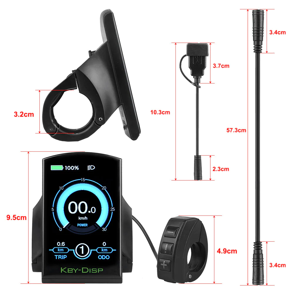 The Key Disp KD986N is an e-bike display upgrade/replacement featuring Bluetooth, USB-C charging, a digital screen, handlebar mount, control switch, and connectors—all components with measurements in cm.