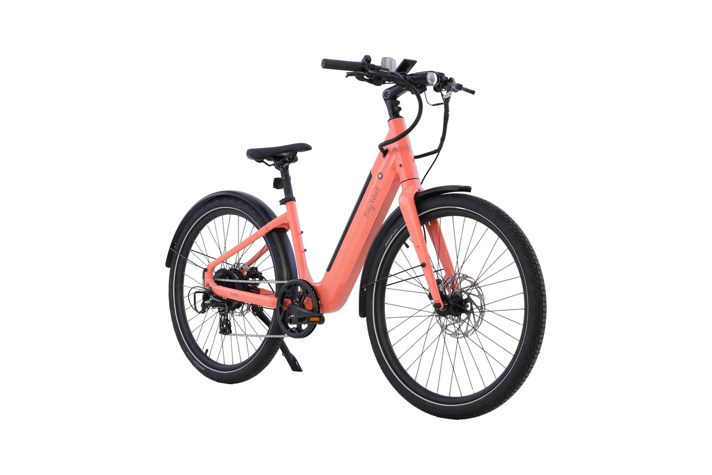 The AIMA - Key West electric bike by AIMA features a red frame with black wheels, fenders, and handlebars. Lightweight and stylish, it's shown on a white background and available at Tampa Bay eBikes.