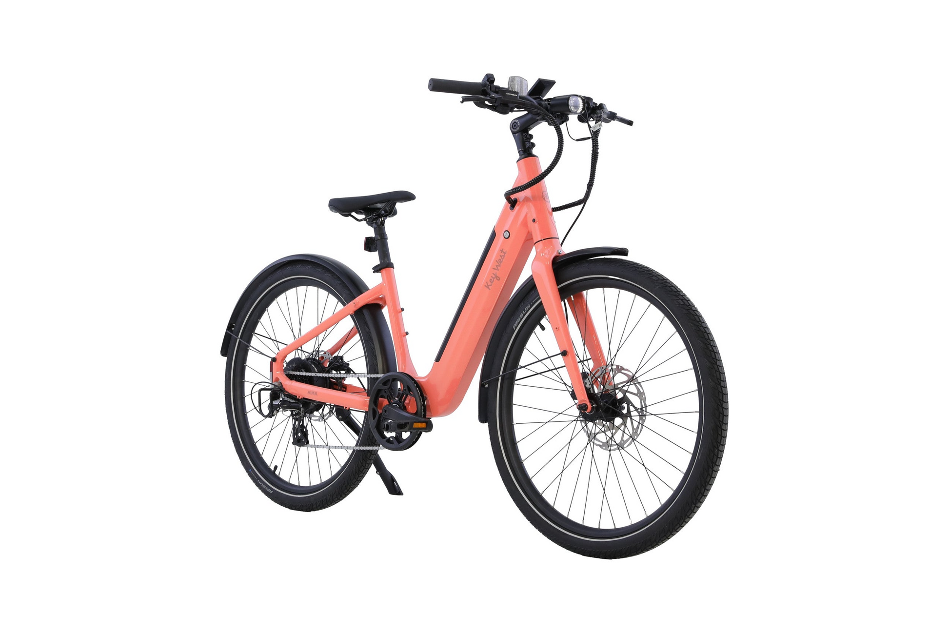 The AIMA - Key West electric bike by AIMA features a red frame with black wheels, fenders, and handlebars. Lightweight and stylish, it's shown on a white background and available at Tampa Bay eBikes.