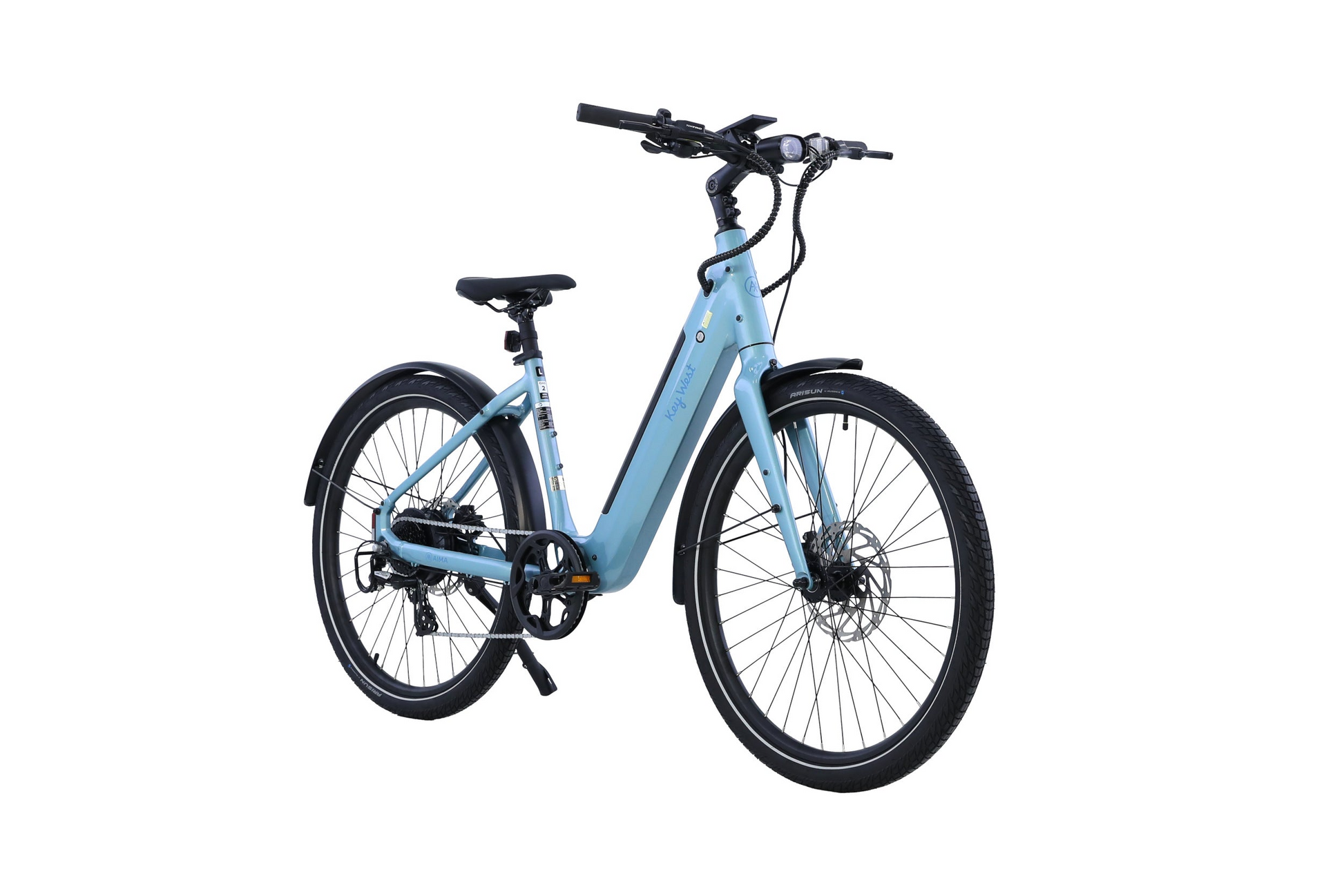 The AIMA Key West step-through electric bike in light blue features front and rear fenders, a black saddle, and disc brakes. Shown on a white background.