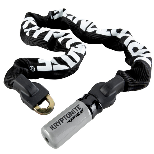 The Kryptonite Kryptolok 995 bike lock features a durable manganese steel chain with a black and white sleeve plus a silver cylindrical lock for enhanced anti-theft security.
