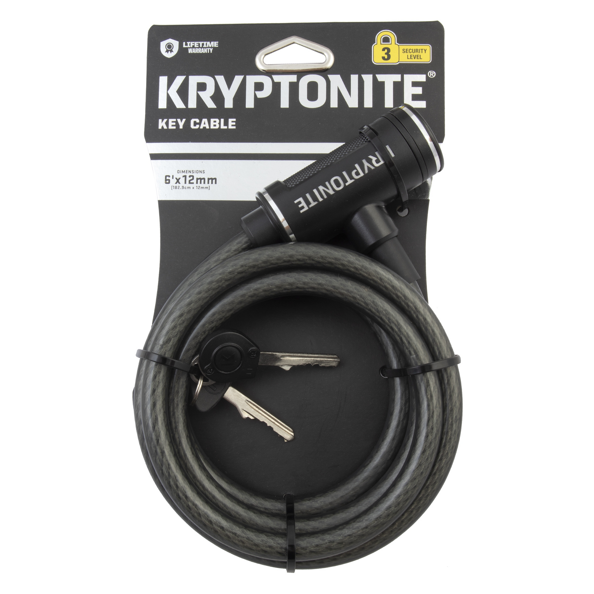 The Voucher Kryptonite Cable Lock by Kryptonite features a coiled braided steel cable, two keys, and comes in black packaging labeled "Kryptonite Key Cable" with a security level indicator—ideal for securing your bike.