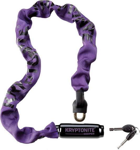 The Kryptonite Chain Lock 785, in purple with a black locking mechanism and two keys, provides anti-theft protection for your bike.