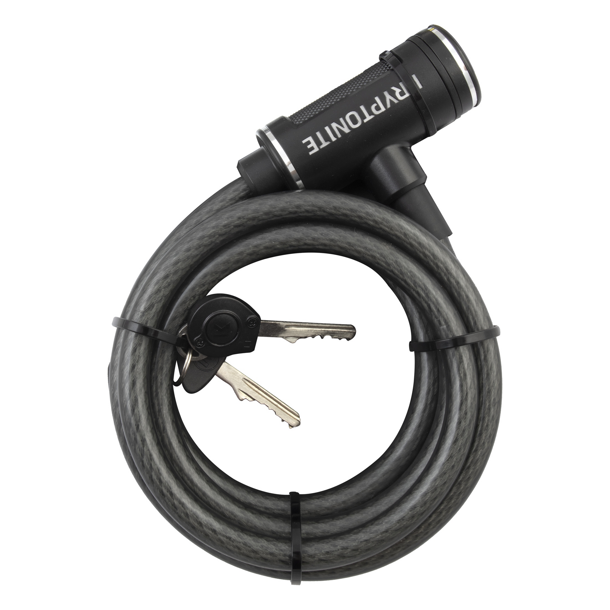 The Kryptonite Voucher Cable Lock is a coiled lock with a braided steel cable and includes two keys attached to the lock mechanism.