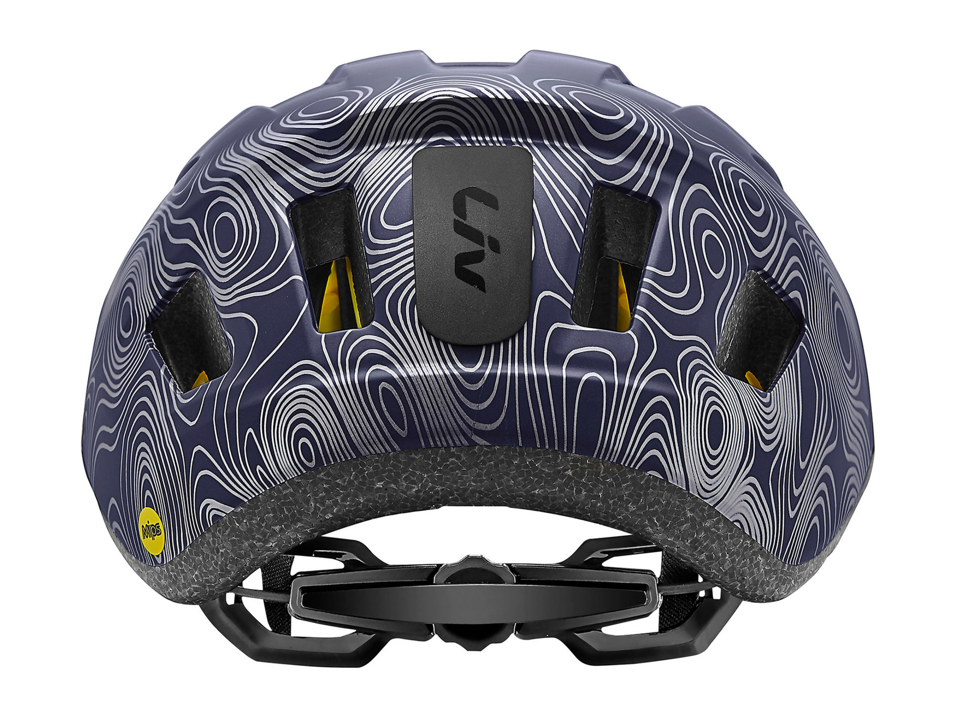 Rear view of a Matte Milky Way helmet from LIV, featuring white contour lines, large vents optimized for ventilation, and adjustable straps. A yellow "MIPS brain protection" logo is visible on the side.