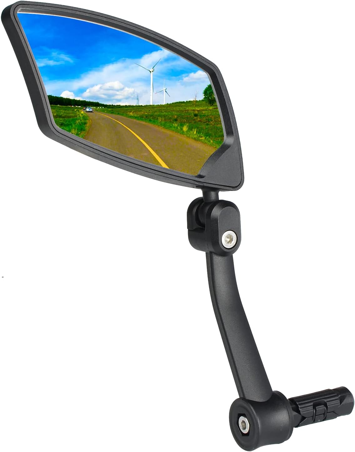 Side view Tampa Bay eBikes Premium Bar End Left bicycle rearview mirror reflecting a scenic road and wind turbines under a blue sky.