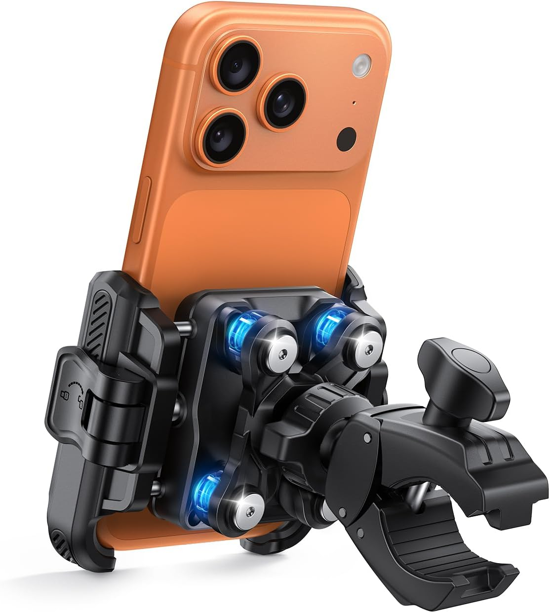 An orange smartphone is secured in the Tampa Bay eBikes Cell Phone Holder - Premium Camera Friendly Anti-Shake, a black handlebar mount with blue accents and an adjustable, anti-shake design, displayed against a white background.