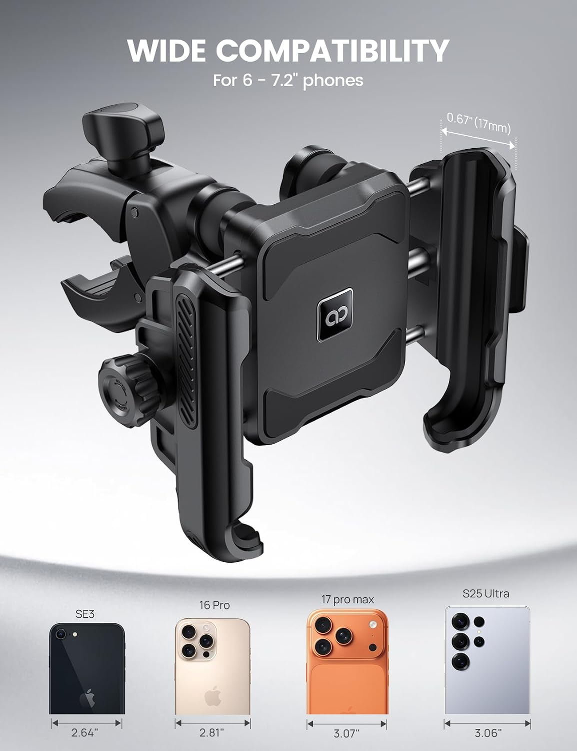 Introducing the Tampa Bay eBikes Cell Phone Holder – Premium Camera Friendly Anti-Shake, a black adjustable mount designed to securely fit 6 to 7.2-inch phones, including the SE3, 16 Pro, 17 Pro Max, and S25 Ultra models shown at the bottom. Perfect as a handlebar phone mount for maximum stability on the go.