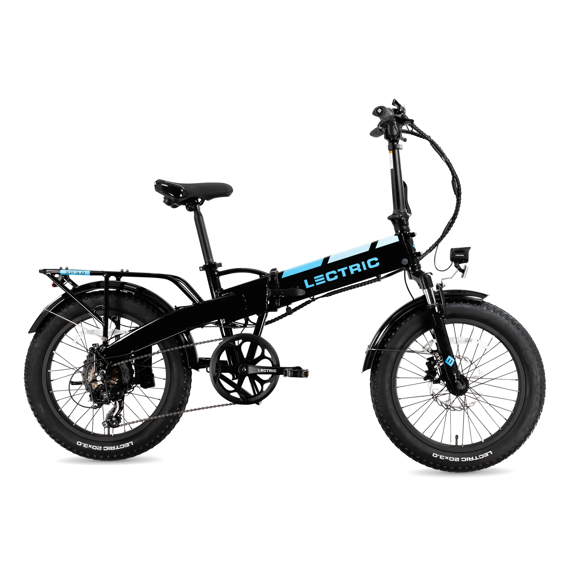 The Lectric XP 3.0 folding eBike by Lectric, shown in black with fat tires, rear rack, fenders, and upright handlebars on a white background, offers powerful acceleration for a smooth ride.