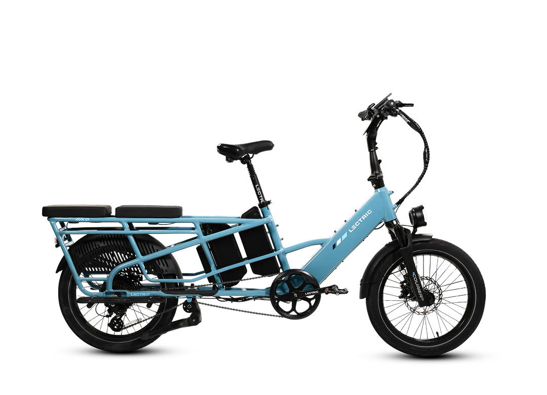 The Lectric XPedition2 Cargo Electric Bike by Lectric is shown in blue, featuring a rear rack, two rear passenger seats, front and rear fenders, and a frame-mounted battery. Displayed on a white background, this practical long-range electric bike is perfect for carrying extra gear or passengers—available now at Tampa Bay eBikes.