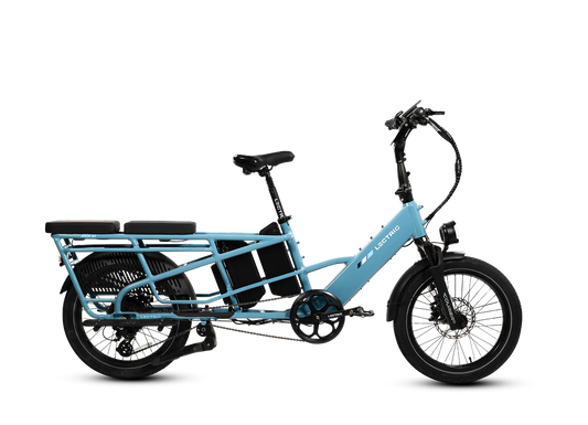 The Lectric XPedition2 Cargo Electric Bike by Lectric is shown in blue, featuring a rear rack, two rear passenger seats, front and rear fenders, and a frame-mounted battery. Displayed on a white background, this practical long-range electric bike is perfect for carrying extra gear or passengers—available now at Tampa Bay eBikes.