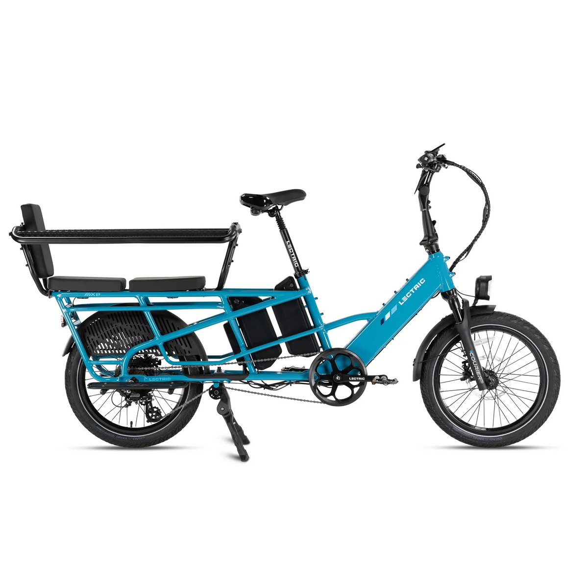 The Lectric XPedition2 Cargo Electric Bike by Lectric is a blue, long-range electric cargo bike featuring a rear passenger seat, footrests, and a kickstand. Displayed from the side against a white background, it’s an ideal sustainable transport option for families or businesses from Tampa Bay eBikes.