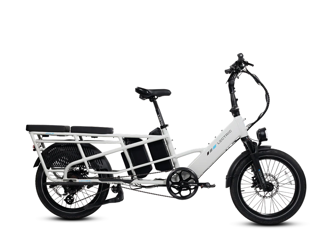 The Lectric XPedition2 Cargo Electric Bike by Lectric, shown in white with long-range capability, features a sturdy rear rack, two passenger seats, and a convenient step-through frame—presented in a side view against a plain white background—making it an excellent family choice from Tampa Bay eBikes.