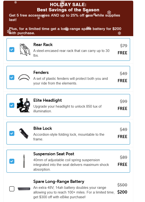 Discover the Lectric - XPress Holiday Bundle! Enjoy discounts on accessories like a rear rack, fenders, headlight, bike lock, suspension seat post, and a spare battery. This exclusive Lectric holiday offer is available for a limited time.