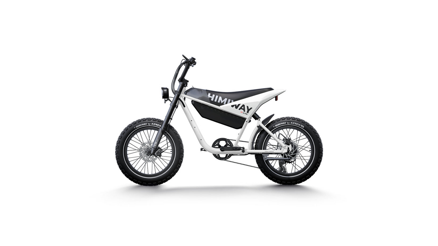 A side view of a white and black Himiway - C5 electric bike with thick tires, front and rear suspension, a minimalist design, and an advanced torque sensor.