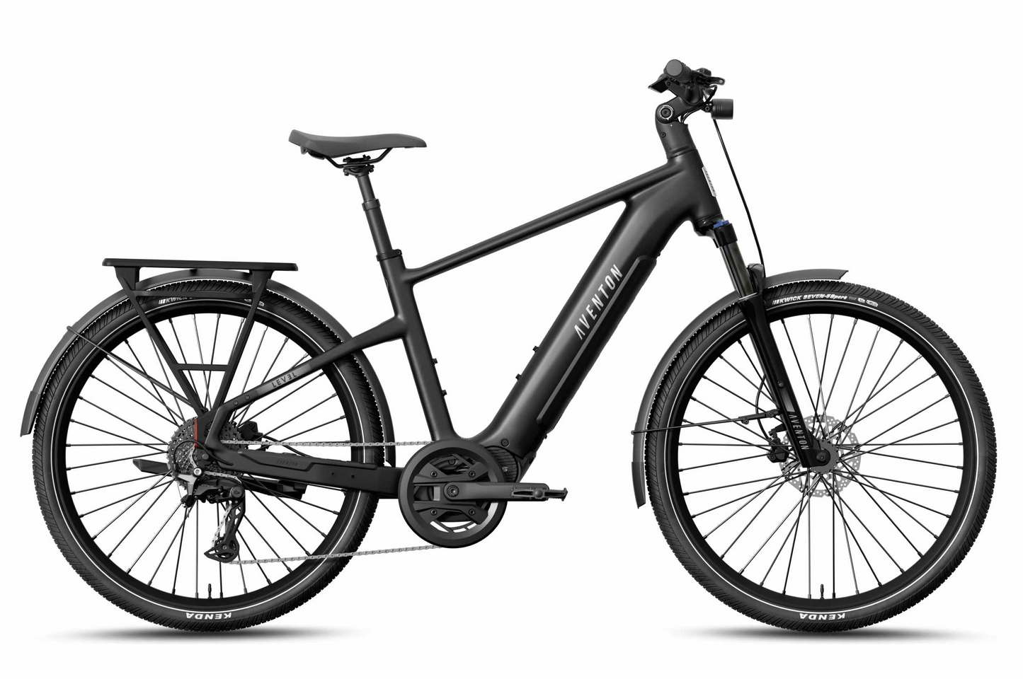 The Aventon Level 4 ADV by Aventon is a matte black commuter eBike with front and rear fenders, disc brakes, a rear rack, and thick tires, displayed in side view on a white background.