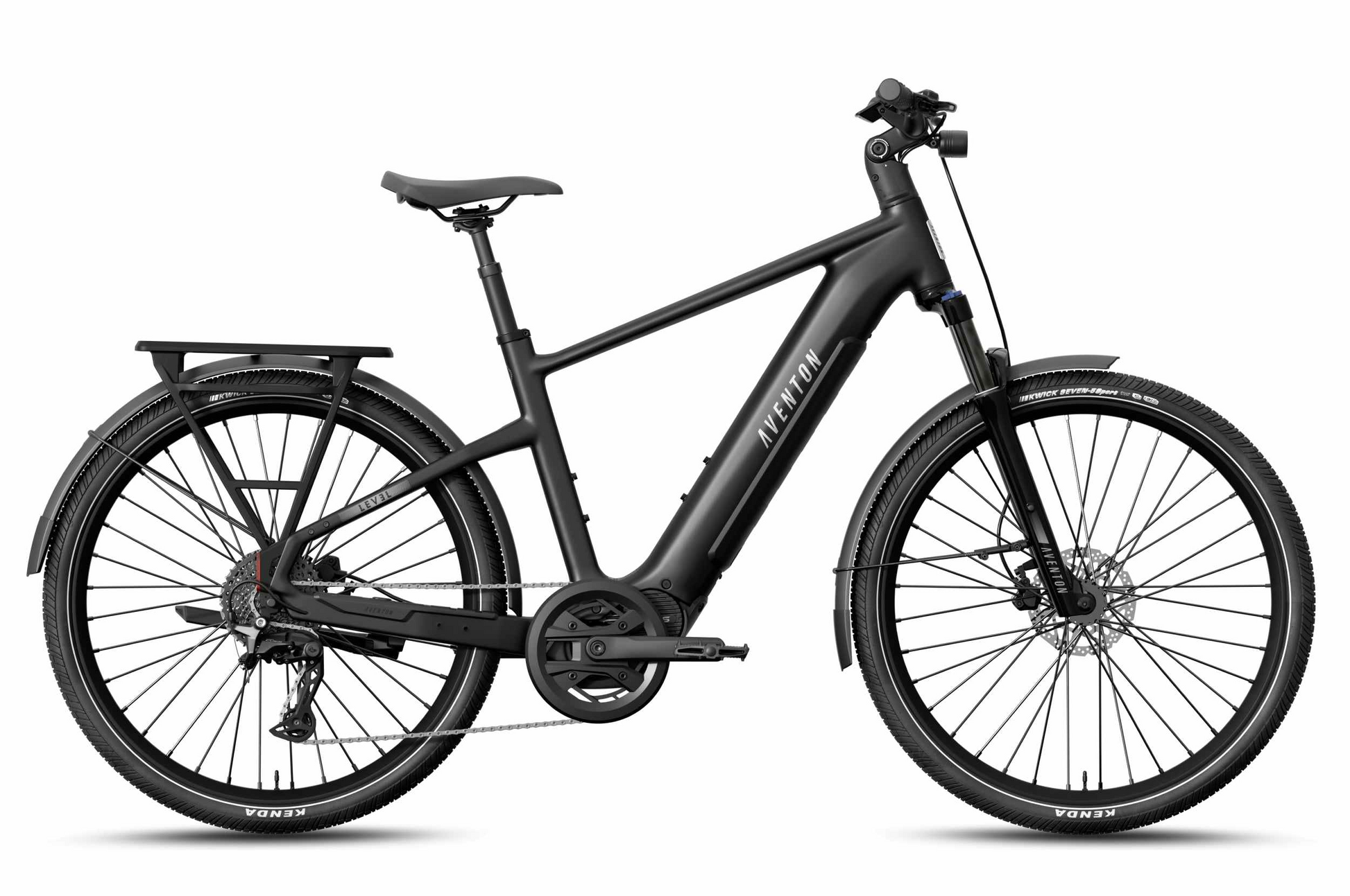 The Aventon Level 4 ADV by Aventon is a matte black commuter eBike with front and rear fenders, disc brakes, a rear rack, and thick tires, displayed in side view on a white background.