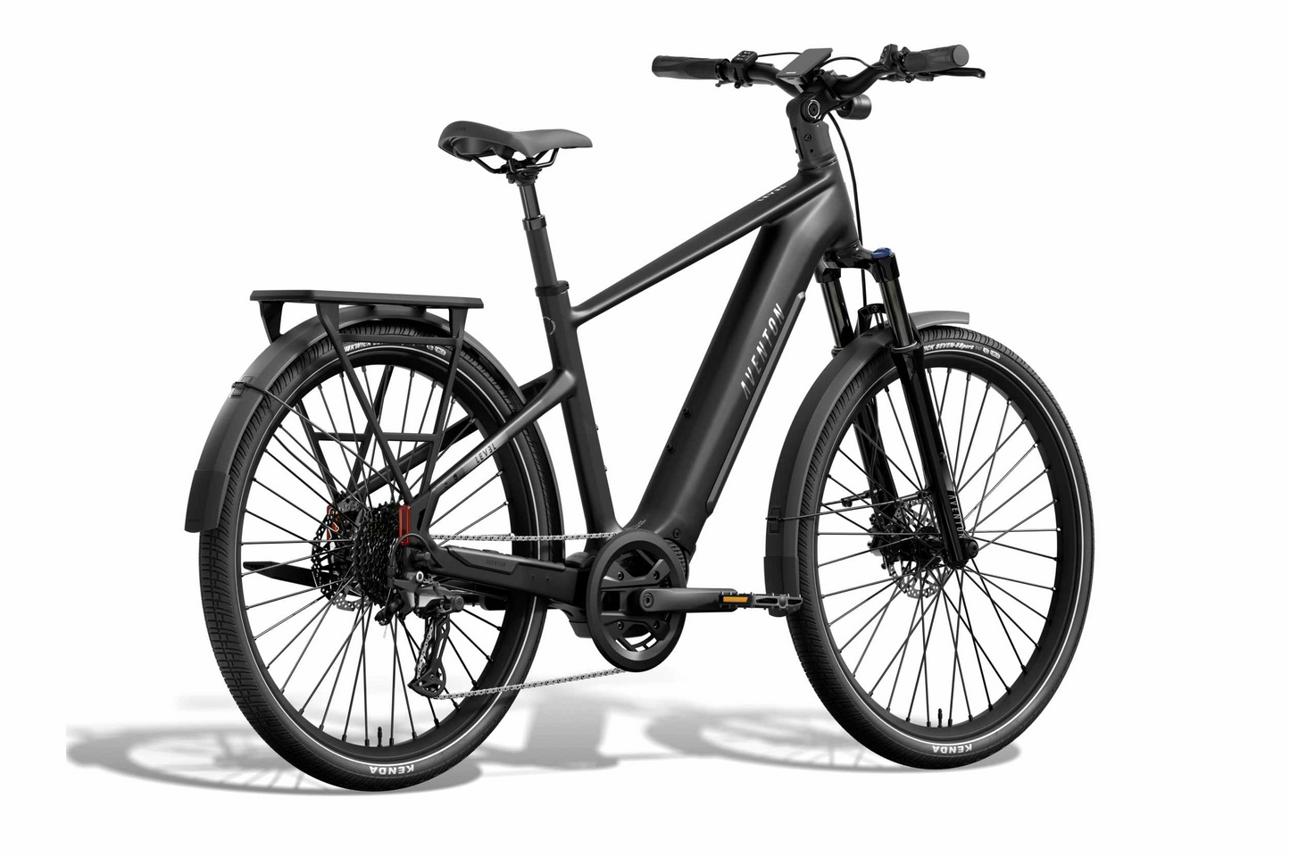 Aventon Level 4 ADV commuter eBike by Aventon in black, featuring front suspension, fenders, rear cargo rack, and disc brakes, displayed side-on against a white background.