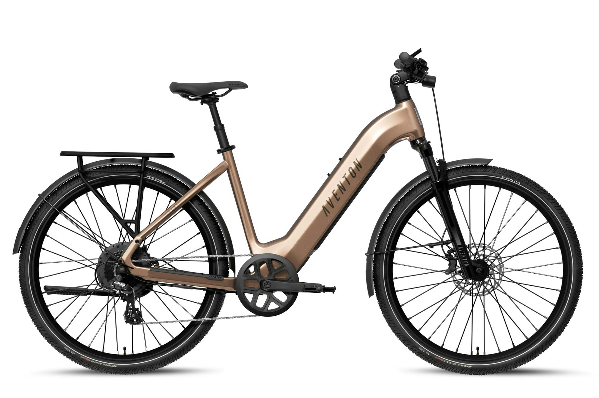 A bronze Aventon Level 4 REC electric bike by Aventon, featuring a powerful hub motor, step-through frame, black saddle, rear rack, front suspension fork, and disc brakes is shown in profile against a white background.
