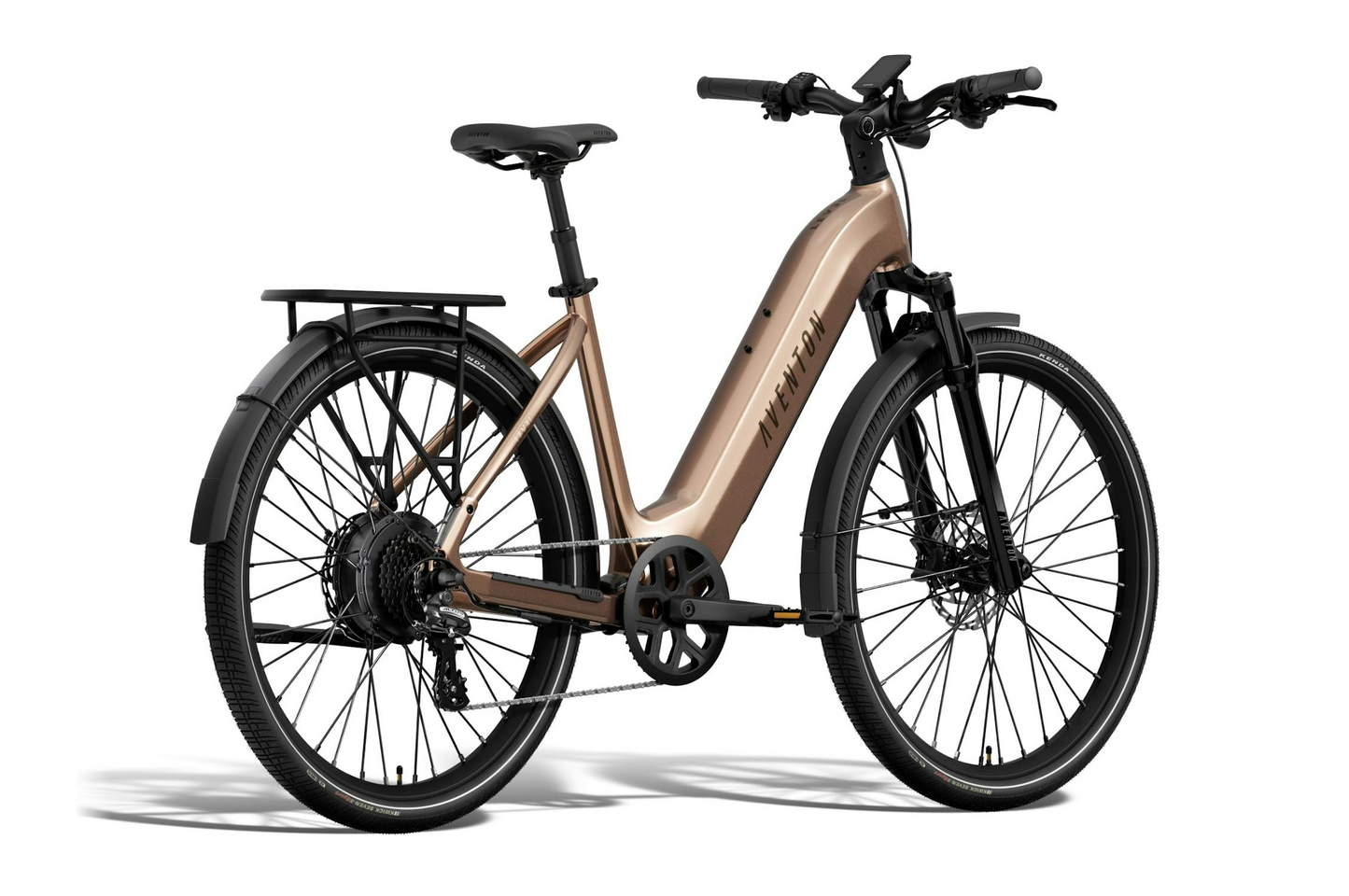 A bronze Aventon Level 4 REC electric bike by Aventon, featuring front/rear fenders, a rear cargo rack, disc brakes, and a powerful hub motor, is displayed against a white background.