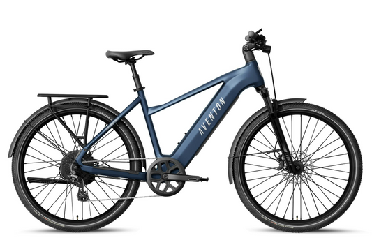 The Aventon Level 4 REC electric bike by Aventon, shown in blue with a hub motor, front suspension fork, rear rack, fenders, and step-over frame, is displayed from the side against a white background.