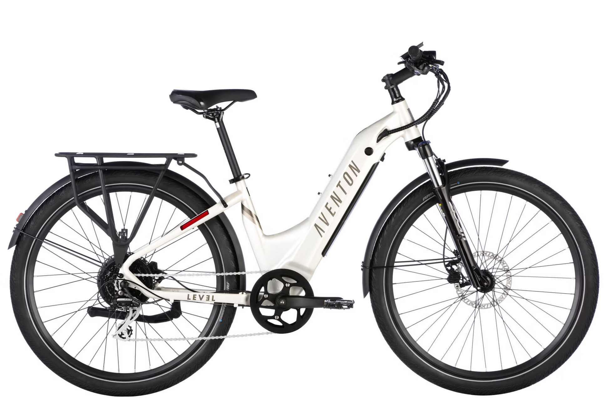 Viewed side-on, the Aventon Soltera.2 Step Through electric bike in white features an aerodynamic frame, black fenders, rear rack, and disc brakes for a sleek look.