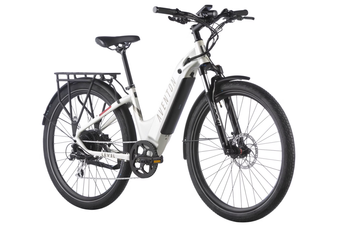 The Aventon Soltera.2 Step Through electric bike boasts an aerodynamic frame, front suspension, rear rack, and disc brakes. It features a torque sensor for better performance, all elegantly showcased from the side against a crisp white background.