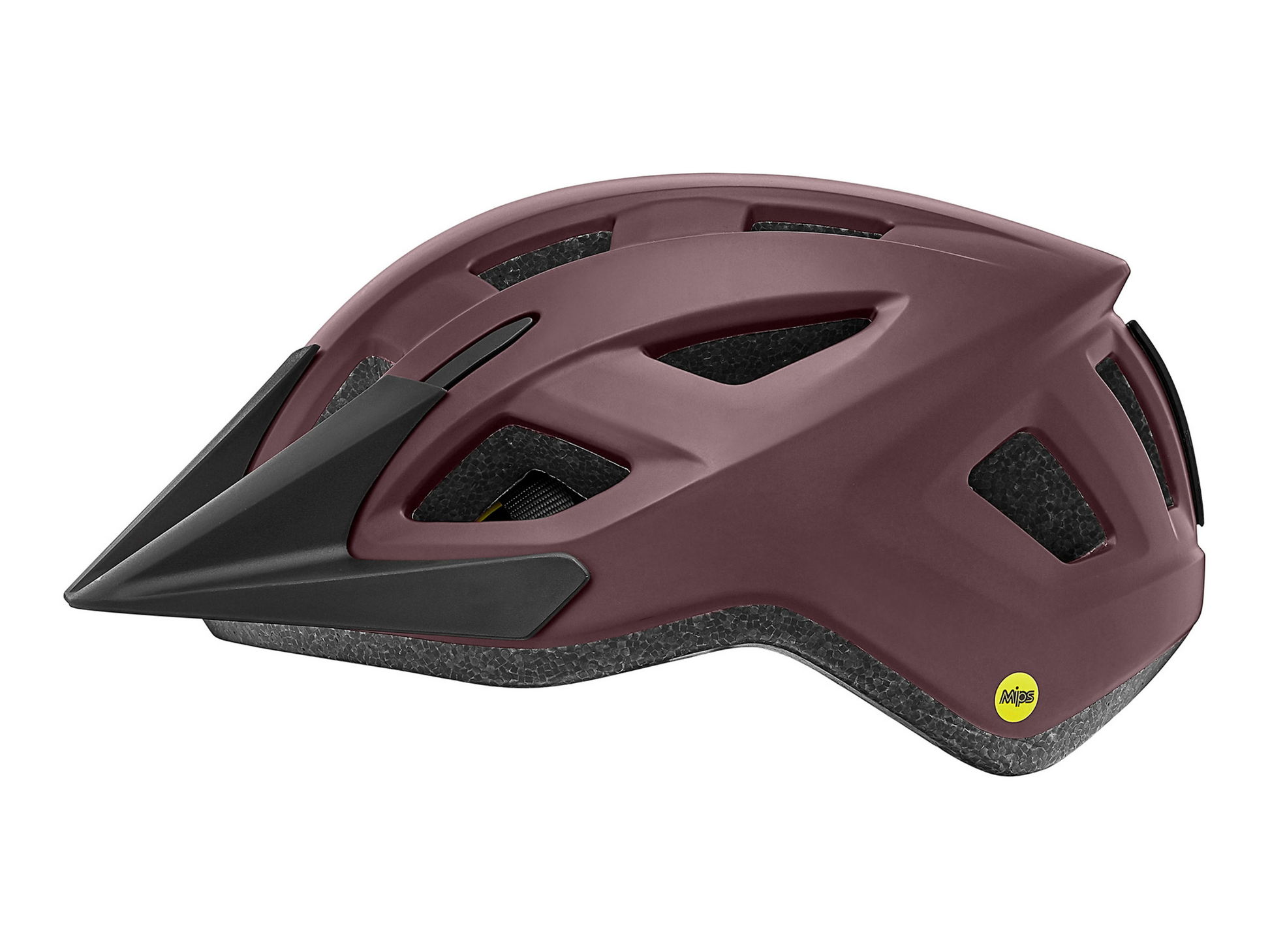 A Matte Fig Liv Path Helmet by LIV featuring a sleek design, multiple ventilation holes, a MIPS brain protection system sticker, and TransTextura moisture-wicking padding.